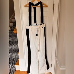 Topshop W’s Sno flared suspender ski pants, white w/ black stripe, Size 12, NWT